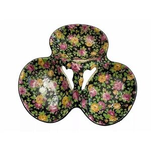 Vintage Floral 3 Part Candy Nut Trinket Dish Black Pink & Yellow Flowers Japan
